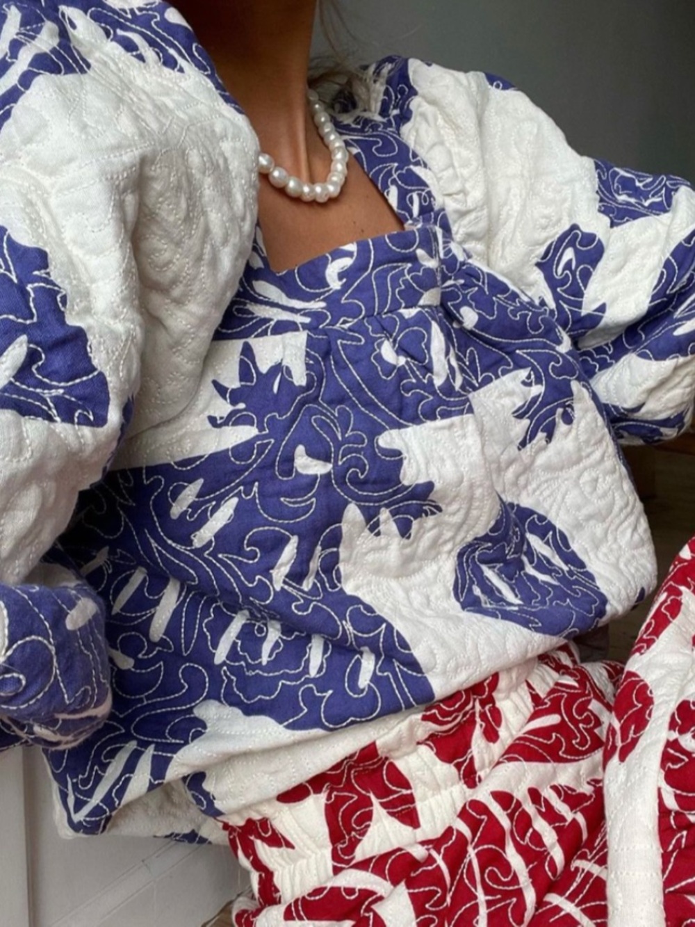 Sea New York Quilted Embroidered Blouse Blue & Ivory XS